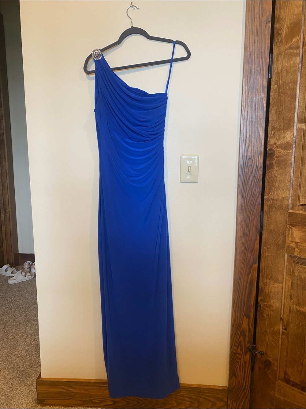 Lauren Ralph Lauren Cobalt One-Shoulder Evening Gown with Brooch